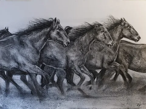 Running horses — Charcoal drawing by Kevin Swainson
